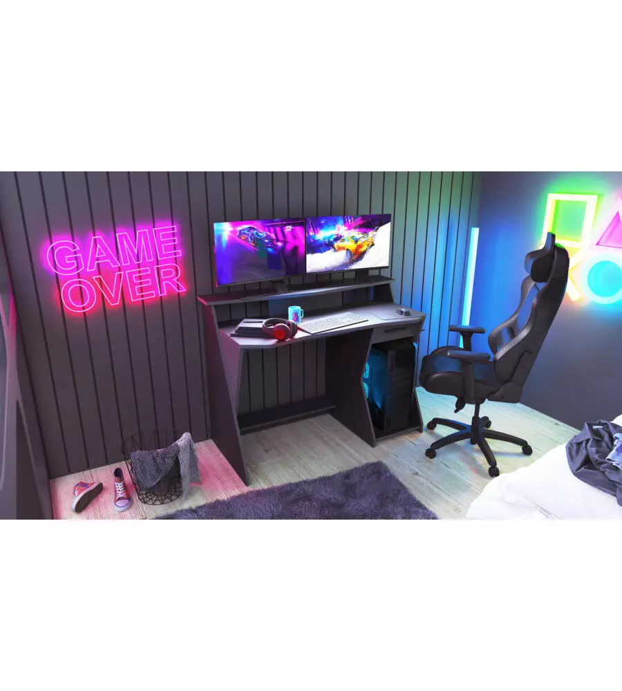 SCRIVANIA "GAMING" NERA CON PORTACUFFIE E PASSACAVI, 123,5X59,8X90,2 CM